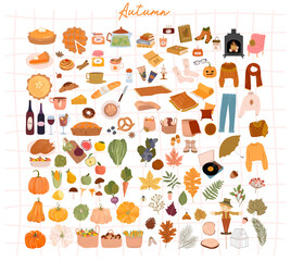 Cozy Autumn elements, seasonal food, plants, home decor, outfit, cute things. Cute hand drawn in scandinavian style. Editable vector illustration.