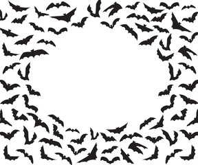 Silhouettes of bats isolated on white background. Pinioned black flittermouse swarm. Chaotic flying flock of bats vampire. Scary Halloween traditional design element. Frame of bats.  - 454087176