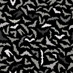  Vector seamless background for Halloween design. Seamless pattern with gray flying bats isolated on black background. - 454087192