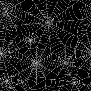 Halloween spider web seamless pattern. Black hand-drawn cobwebs crossing on white background. Repeating backdrop for textile, clothes, bedding, wrapping paper, wallpaper. Stock vector.