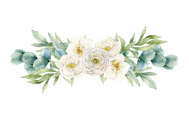 Watercolor illustration card with eucalyptus bouquet and flowers.Isolated on white background. Hand drawn clipart. Perfect for card, postcard, tags, invitation, printing, wrapping. 