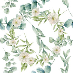 Watercolor seamless pattern with green eucalyptus, ranunculus, wreath. Isolated on white background. Hand drawn clipart. Perfect for card, fabric, tags, invitation, printing, wrapping.