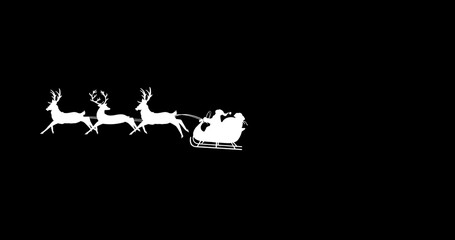 Image of white silhouette of santa claus in sleigh being pulled by reindeer on black background © vectorfusionart