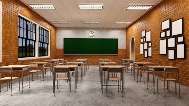 New normal classroom and spacing of tables and chairs to prevent the spread of coronavirus (COVID-19). IEmpty classroom for teach and learn. 3d rendering Interior.