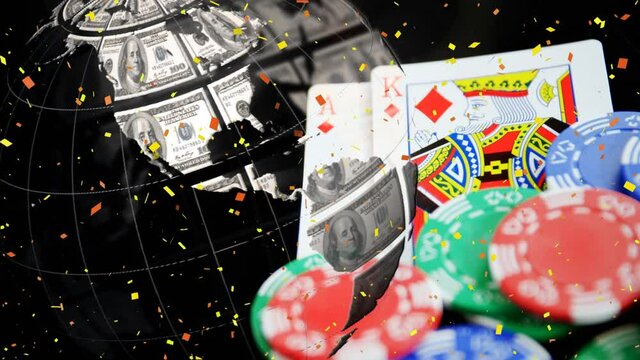 Animation of confetti falling, globe with american dollars over casino chips and cards