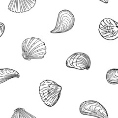 Pattern with seashells, doodle hand-drawn sea symbols.Seamless wallpaper. Fossils painted by ink, pen. Line, minimalism. Simple sketchy backdrop. Isolated. Vector illustration.
