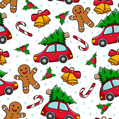 Naklejka premium Seamless Christmas pattern with red car, Christmas tree, candy cane, gingerbread man and bells in doodle style. Hand drawn Christmas pattern.