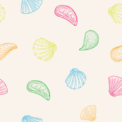 Pattern with seashells, doodle hand-drawn sea symbols.Seamless wallpaper. Fossils painted by ink, pen. Line, minimalism. Simple sketchy backdrop. Isolated. Vector illustration.