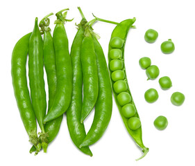 Fresh green pea pods with green peas isolated on white background. clipping path. top view