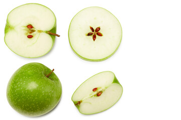 green apples with green leaf and slices isolated on a white background. clipping path. top view