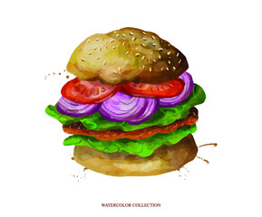 Food menu design elements. Hamburger hand drawn frame. American food. Watercolor illustration on white background.
