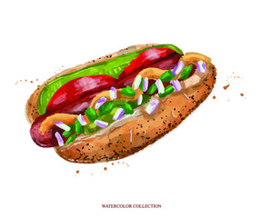 Food menu design elements. Hot dog hand drawn frame. American food. Watercolor illustration on white background.