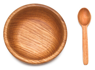 wooden bowl with wooden spoon isolated on white background. clipping path. top view