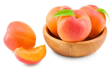 Naklejka na ściany i meble apricot fruits with slices and green leaf isolated on white background. clipping path