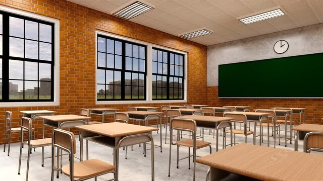 New normal classroom and spacing of tables and chairs to prevent the spread of coronavirus (COVID-19). IEmpty classroom for teach and learn. 3d rendering Interior.