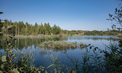 A lake originated from an abandoned and flooded quarry overgrown with trees and lush grass. Reed islands are scattered throughout the water. Summer in the daytime.