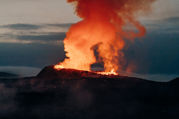 Fagradalsfjall, Iceland - June, 2021: volcano eruption near Reykjavik, Iceland