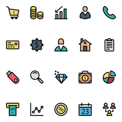 Filled outline icons for banking & finance.