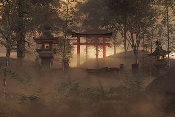 3d rendering of an old japanese shrine with torii gate and stone lantern in the evening light - obrazy, fototapety, plakaty