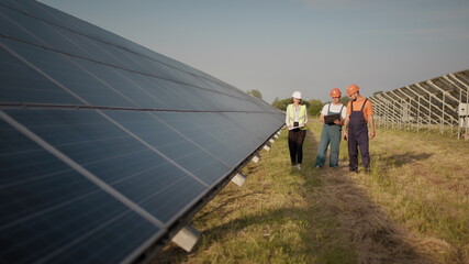 Business team of industrial engineers walking on solar farm and discussing efficient plan of...