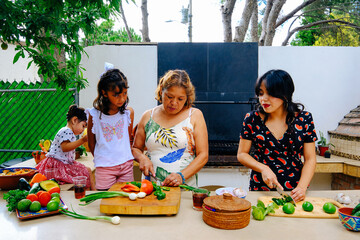 Girl looking at aunt learning chopping vegetables from grandmother while preparing salsa in backyard