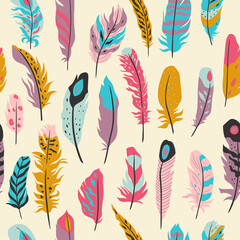 Feathers seamless pattern in boho style. Vector graphics.