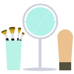 mirror with brushes and foundation on white background