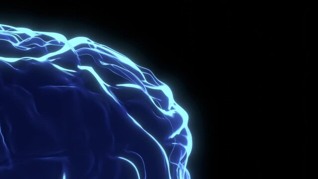 Flying around human brain hologram - thinking process concept - 3D 4k animation (3840x2160 px).