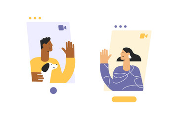 Online communication, video call. Young people waving their hands from the screens of devices. Vector cartoon characters communicate using mobile phones. Flat design, isolated on white