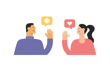 Two cartoon characters. Communication between people, pair work, problem solving. Young man and woman put together a puzzle. Side view. Vector illustration, modern flat design, isolated on white