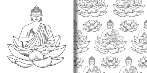 Buddha sitting on Lotus print and seamless pattern - obrazy, fototapety, plakaty