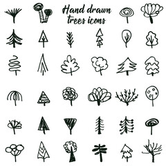 Vector hand drawn trees icon set. Drawings.