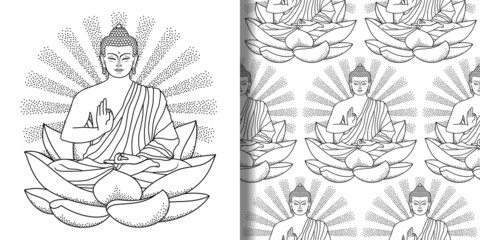Buddha sitting on Lotus print and seamless pattern