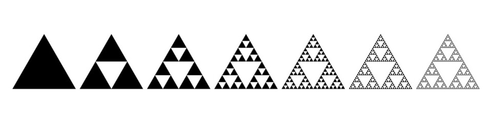 Evolution of the Sierpinski triangle. Steps constructing mathematical geometric endless fractal Sierpinski gasket. Pyramid with an infinite pattern isolated on white - obrazy, fototapety, plakaty