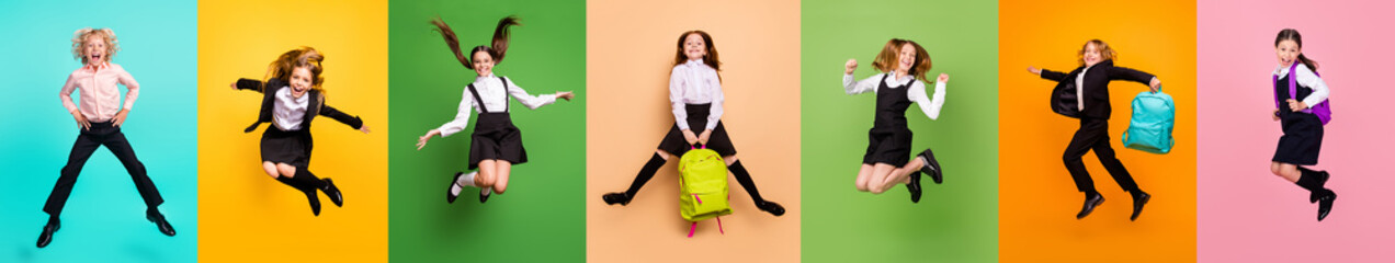 Collage photo of happy joy positive diversity pupils kids boys girls in uniform jump isolated over colored background - obrazy, fototapety, plakaty