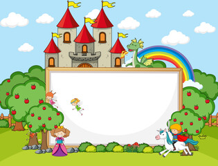 Obraz na płótnie Canvas Blank banner in the forest scene with fairy tales cartoon character and elements