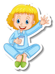 Sticker template with a little girl in pajamas costume isolated