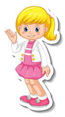 Sticker template with a girl in standing posing cartoon character isolated