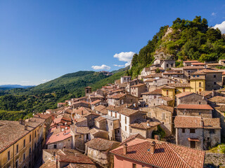 Ancient Italian medieval village perched on a mountain. Petrella Salto in the province of Rieti, a...