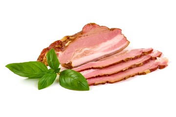 Slices of smoked brisket, pork bacon, isolated on white background.