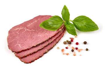 Slices of smoked loin, isolated on white background.