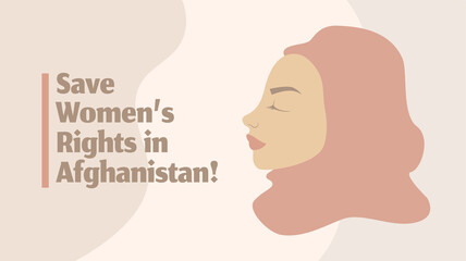 Save Women's Rights in Afghanistan poster. Arabic woman in traditional headscarf on beige background. Muslim woman face silhouette feminism web banner template. Colorful flat cartoon vector character