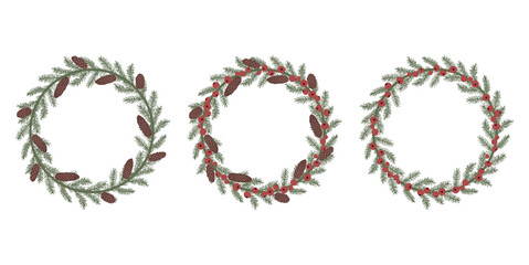 Hand drawn vector illustration set with Christmas fir wreathes. Isolated on white background.
