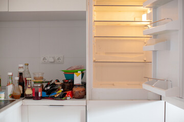 Fototapeta na wymiar Freezer organization. Modern white kitchen interior. DIY