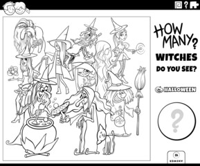 Fototapeta na wymiar counting cartoon witches game coloring book page