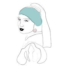 Girl with a Pearl Earring. Line art, deep green. Print art, home decor