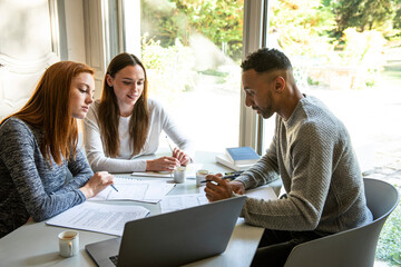 Smiling young friends studying at home