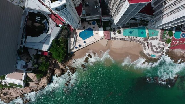 Aerial top down view of beautiful beach in Mexico city in summer day