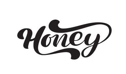 Honey calligraphy lettering text. Vector bee hand lettering word in black color isolated on white background. Concept for logo card, typography poster, print