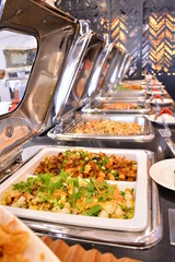 luxury buffet party dining catering with decoration in asian fusion halal menu at beautiful hotel...